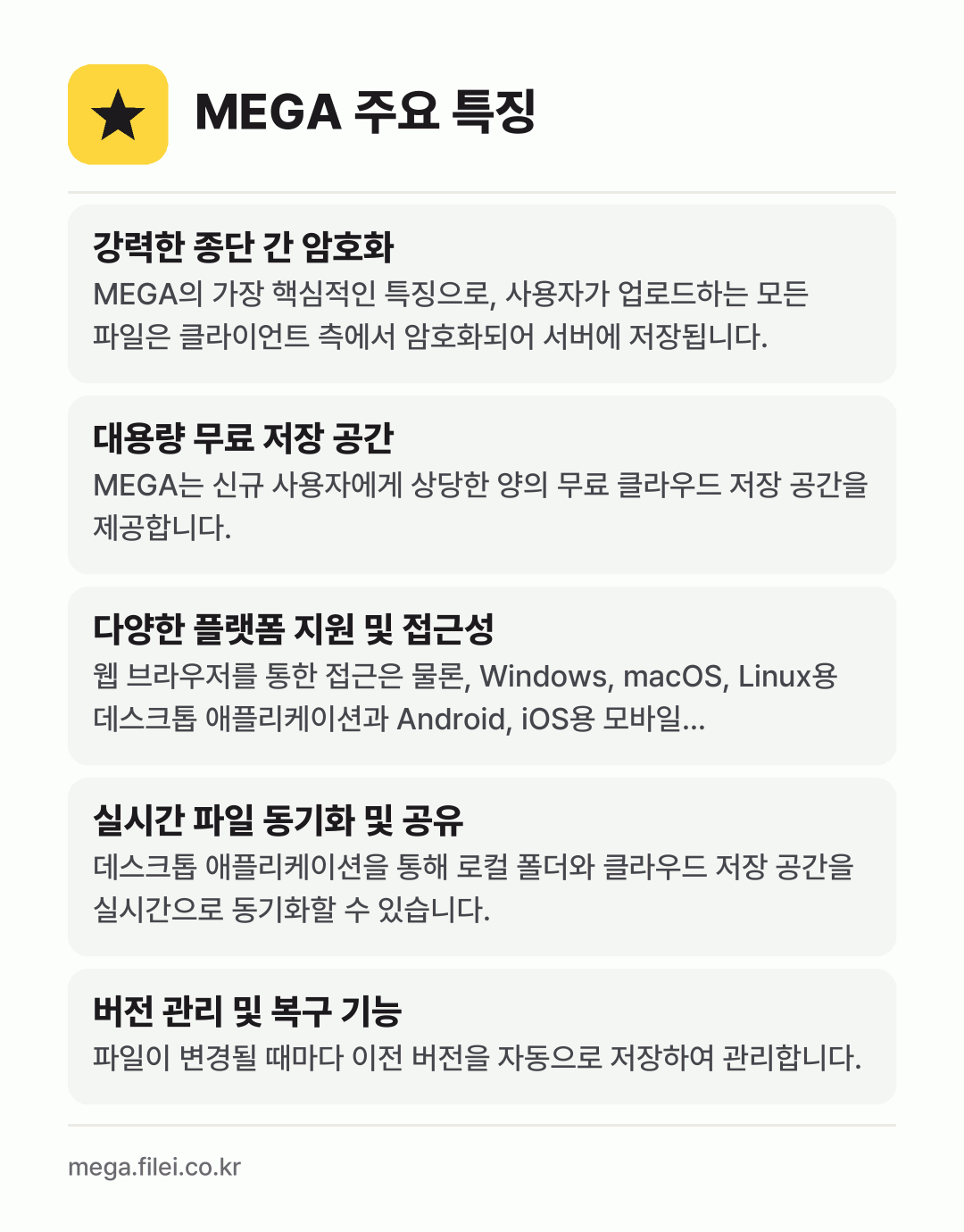 MEGA 주요 특징: 강력한 종단 간 암호화, 대용량 무료 저장 공간, 다양한 플랫폼 지원 및 접근성, 실시간 파일 동기화 및 공유, 버전 관리 및 복구 기능