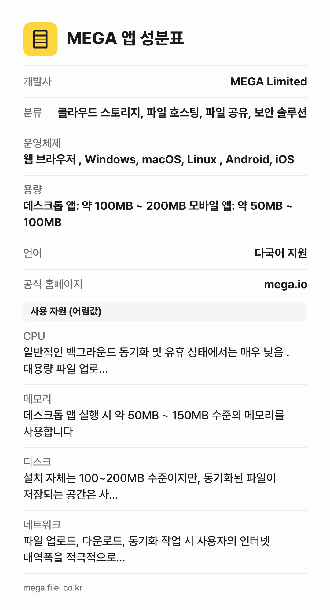 MEGA 앱 성분표: 개발사 MEGA Limited, 분류 클라우드 스토리지, 파일 호스팅, 파일 공유, 보안 솔루션, 운영체제 웹 브라우저 , Windows, macOS, Linux , Android, iOS, 용량 데스크톱 앱: 약 100MB ~ 200MB 모바일 앱: 약 50MB ~ 100MB, 언어 다국어 지원
