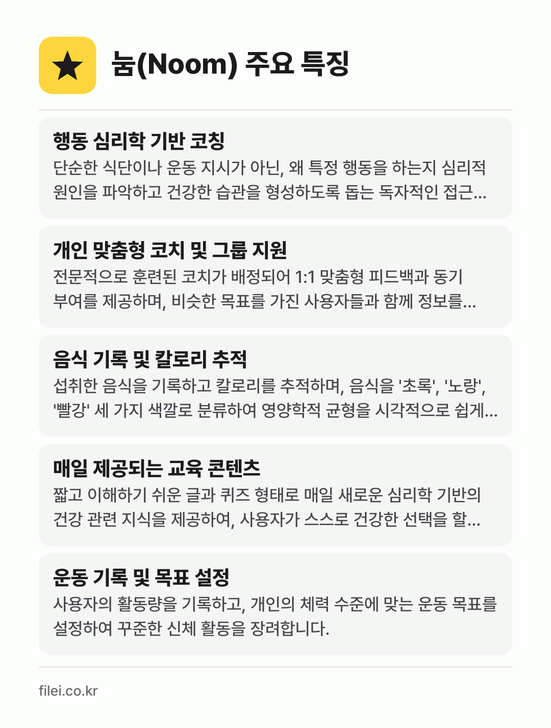 눔(Noom) 주요 특징: 행동 심리학 기반 코칭, 개인 맞춤형 코치 및 그룹 지원, 음식 기록 및 칼로리 추적, 매일 제공되는 교육 콘텐츠, 운동 기록 및 목표 설정
