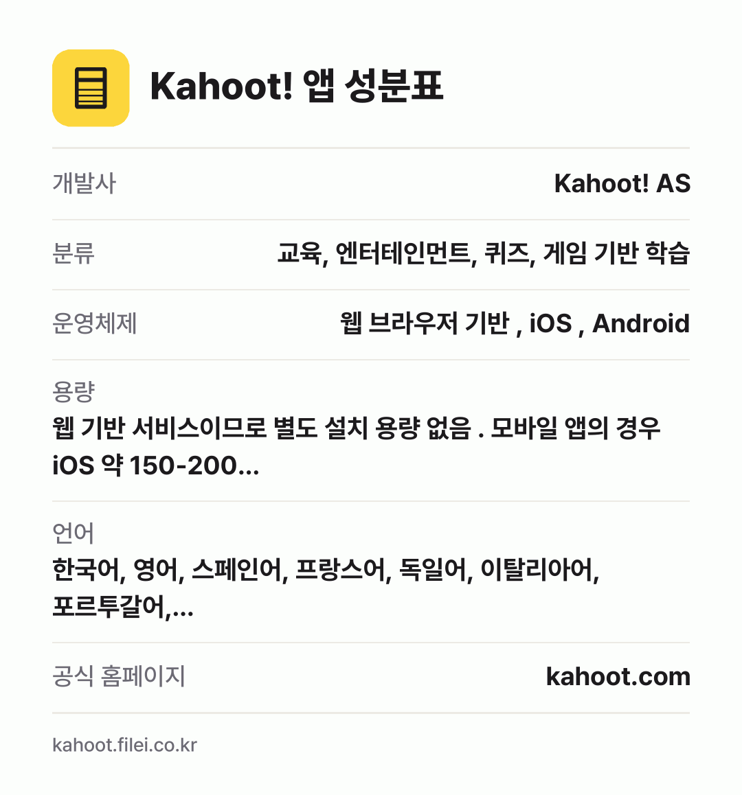 Kahoot! 앱 성분표: 개발사 Kahoot! AS, 분류 교육, 엔터테인먼트, 퀴즈, 게임 기반 학습, 운영체제 웹 브라우저 기반 , iOS , Android, 용량 웹 기반 서비스이므로 별도 설치 용량 없음 . 모바일 앱의 경우 iOS 약 150-200…, 언어 한국어, 영어, 스페인어, 프랑스어, 독일어, 이탈리아어, 포르투갈어,…