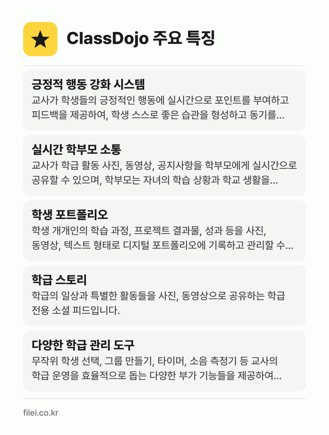 ClassDojo 주요 특징: 긍정적 행동 강화 시스템, 실시간 학부모 소통, 학생 포트폴리오, 학급 스토리, 다양한 학급 관리 도구