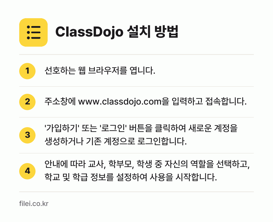 ClassDojo 설치 방법: 선호하는 웹 브라우저를 엽니다. → 주소창에 www.classdojo.com을… → '가입하기' 또는 '로그인' 버튼을 클릭하… → 안내에 따라 교사, 학부모, 학생 중 자신…