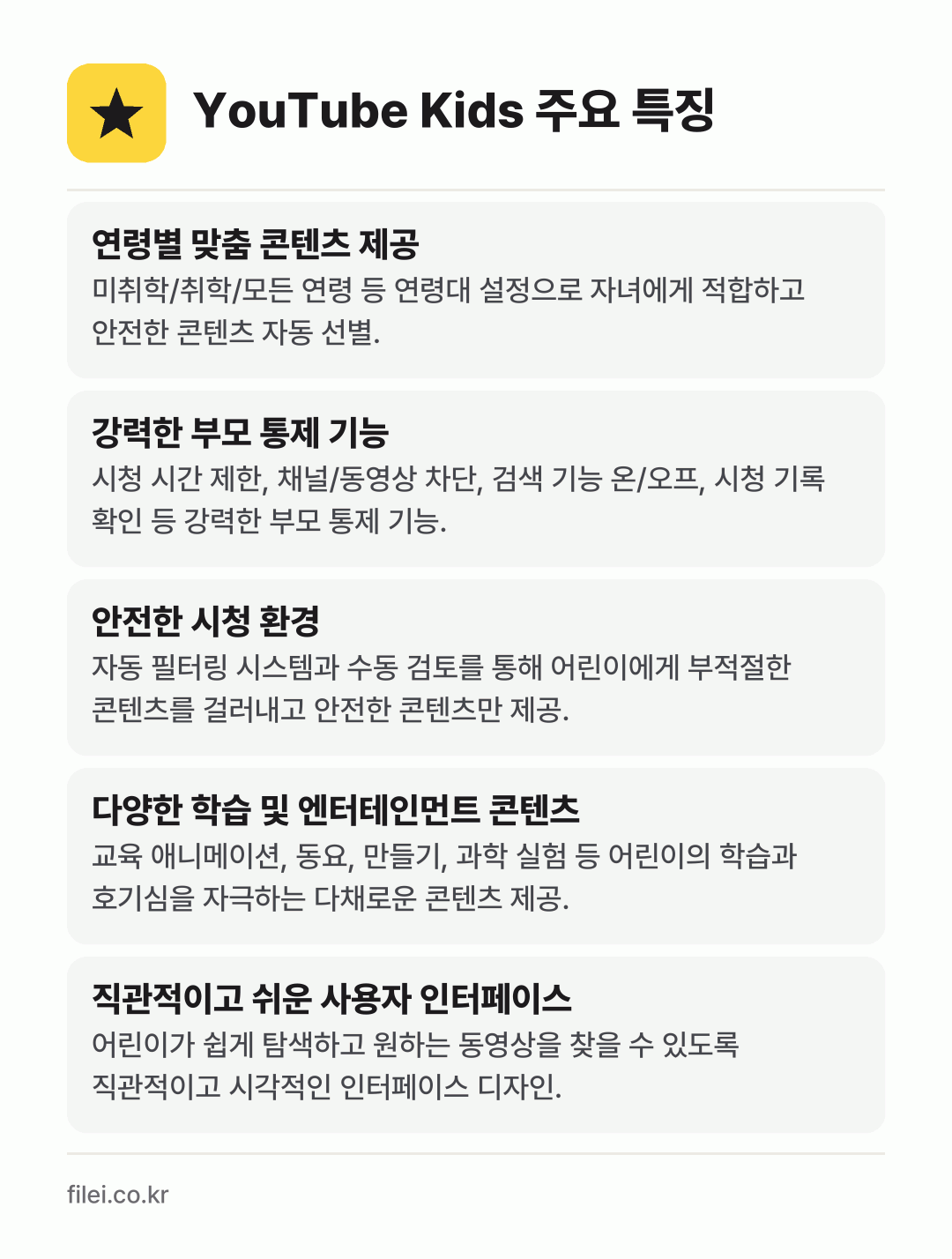 YouTube Kids 주요 특징: 연령별 맞춤 콘텐츠 제공, 강력한 부모 통제 기능, 안전한 시청 환경, 다양한 학습 및 엔터테인먼트 콘텐츠, 직관적이고 쉬운 사용자 인터페이스