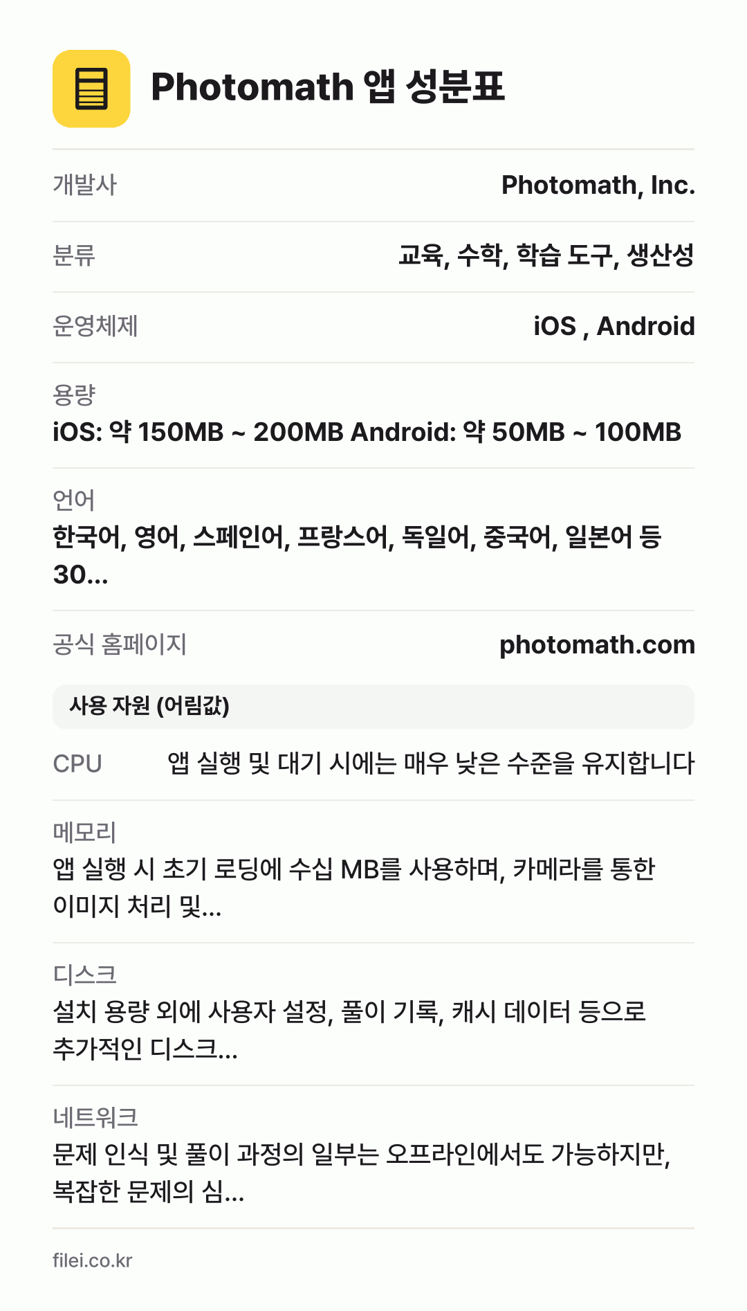 Photomath 앱 성분표: 개발사 Photomath, Inc., 분류 교육, 수학, 학습 도구, 생산성, 운영체제 iOS , Android, 용량 iOS: 약 150MB ~ 200MB Android: 약 50MB ~ 100MB, 언어 한국어, 영어, 스페인어, 프랑스어, 독일어, 중국어, 일본어 등 30…