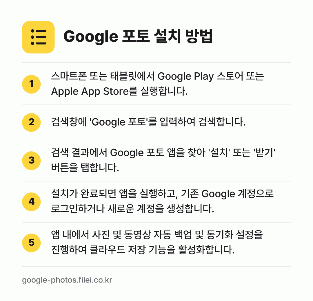 Google 포토 설치 방법: 스마트폰 또는 태블릿에서 Google Pl… → 검색창에 'Google 포토'를 입력하여… → 검색 결과에서 Google 포토 앱을 찾아… → 설치가 완료되면 앱을 실행하고, 기존 Go… → 앱 내에서 사진 및 동영상 자동 백업 및…