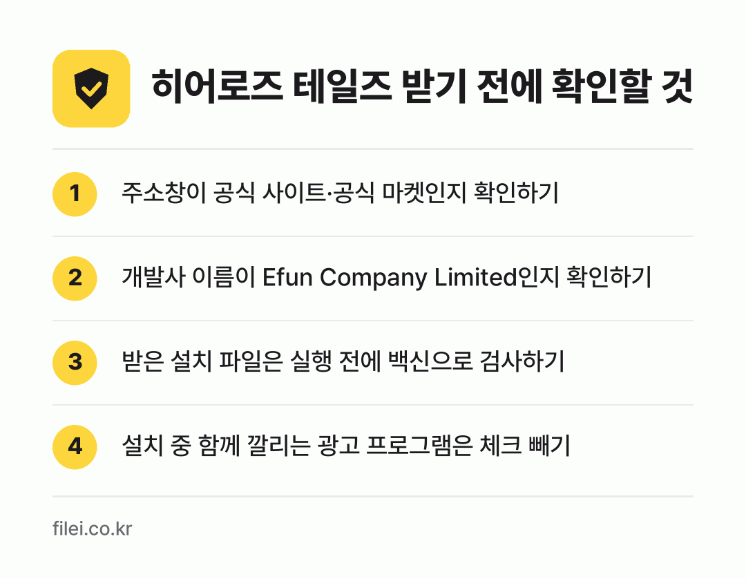 히어로즈 테일즈 받기 전에 확인할 것: 주소창이 공식 사이트·공식 마켓인지 확인하기, 개발사 이름이 Efun Company Limited인지 확인하기, 받은 설치 파일은 실행 전에 백신으로 검사하기, 설치 중 함께 깔리는 광고 프로그램은 체크 빼기