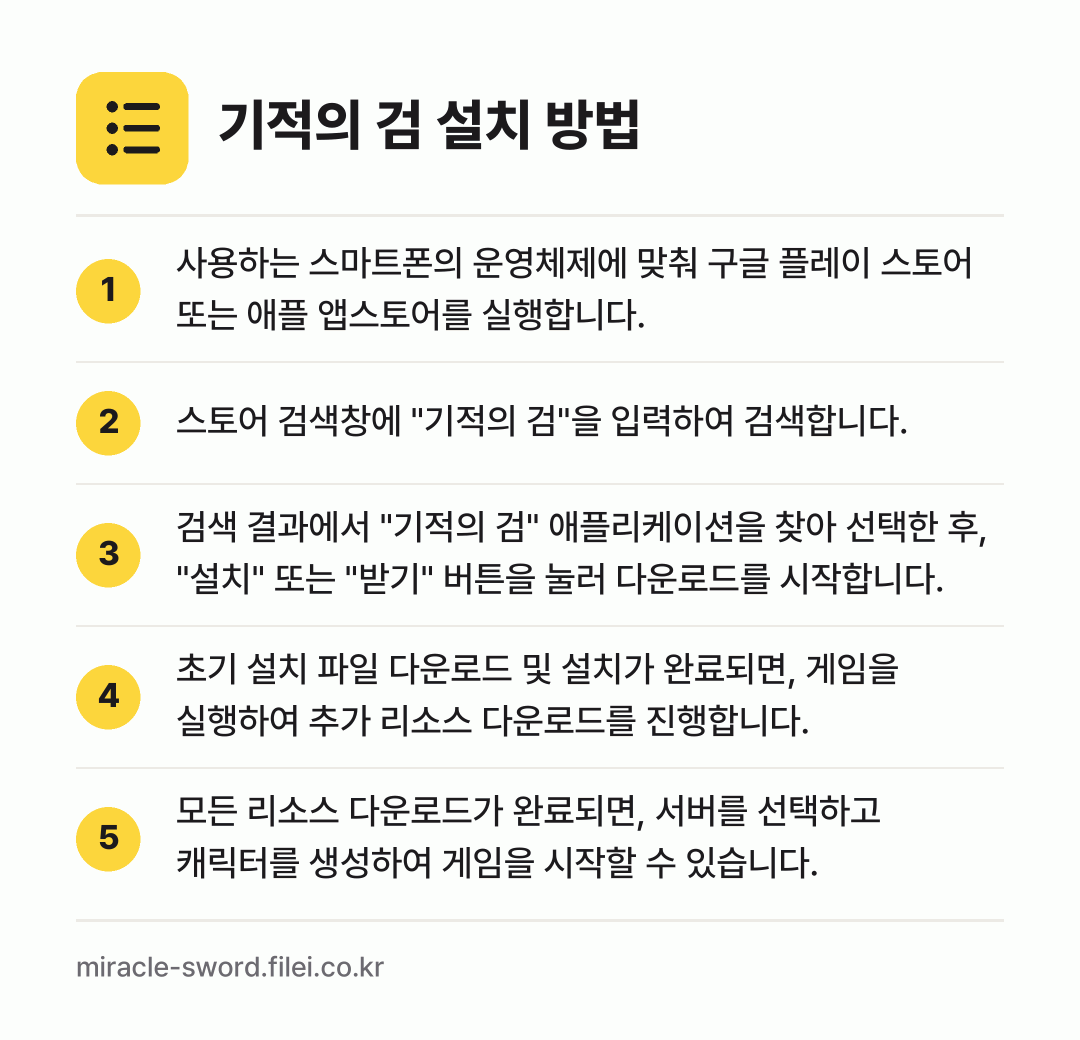 기적의 검 설치 방법: 사용하는 스마트폰의 운영체제에 맞춰 구글… → 스토어 검색창에 "기적의 검"을 입력하여… → 검색 결과에서 "기적의 검" 애플리케이션을… → 초기 설치 파일 다운로드 및 설치가 완료되… → 모든 리소스 다운로드가 완료되면, 서버를…