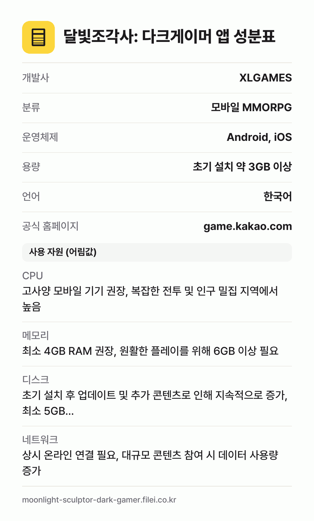 달빛조각사: 다크게이머 앱 성분표: 개발사 XLGAMES, 분류 모바일 MMORPG, 운영체제 Android, iOS, 용량 초기 설치 약 3GB 이상, 언어 한국어