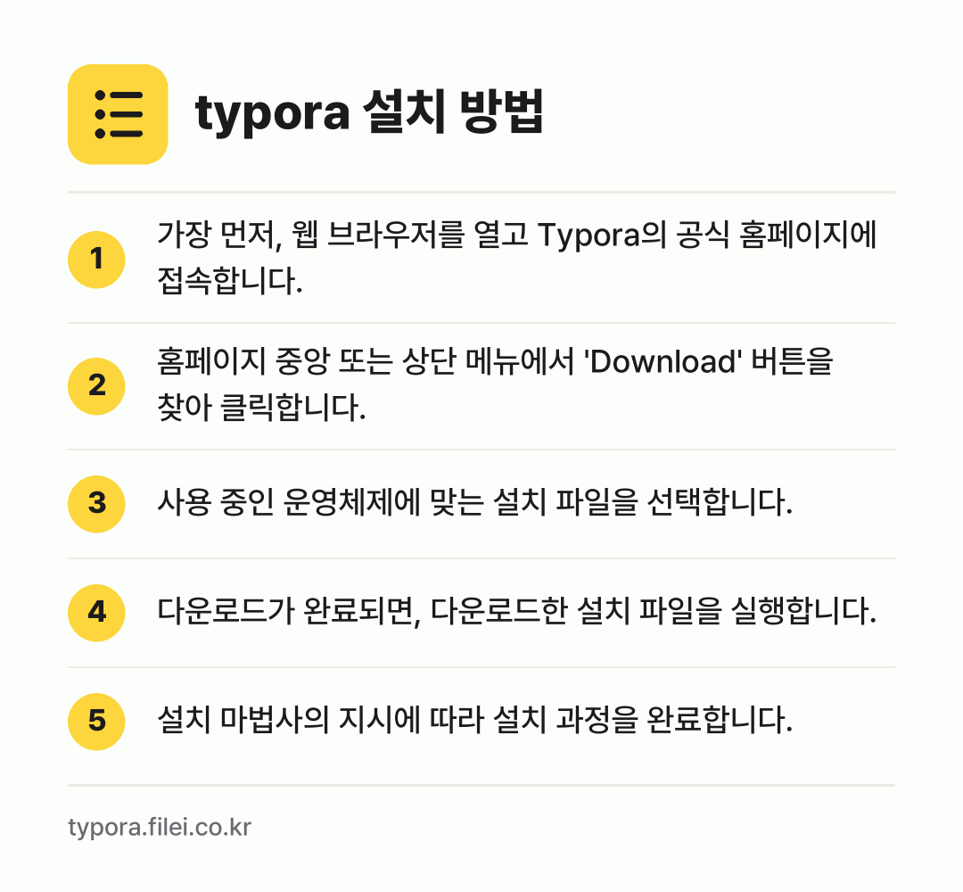 typora 설치 방법: 가장 먼저, 웹 브라우저를 열고 Typor… → 홈페이지 중앙 또는 상단 메뉴에서 'Dow… → 사용 중인 운영체제에 맞는 설치 파일을 선… → 다운로드가 완료되면, 다운로드한 설치 파일… → 설치 마법사의 지시에 따라 설치 과정을 완…