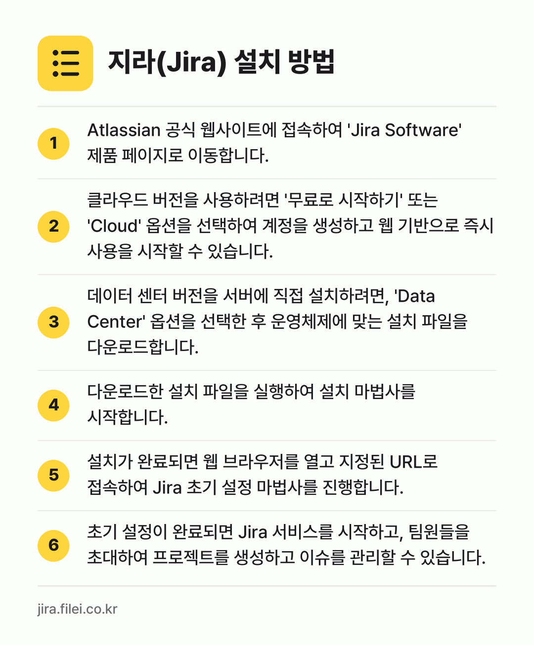 지라(Jira) 설치 방법: Atlassian 공식 웹사이트에 접속하여… → 클라우드 버전을 사용하려면 '무료로 시작하… → 데이터 센터 버전을 서버에 직접 설치하려면… → 다운로드한 설치 파일을 실행하여 설치 마법… → 설치가 완료되면 웹 브라우저를 열고 지정된… → 초기 설정이 완료되면 Jira 서비스를 시…
