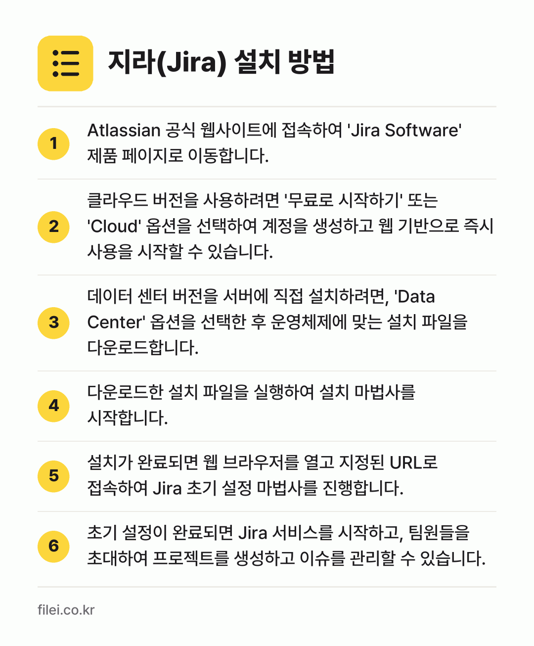 지라(Jira) 설치 방법: Atlassian 공식 웹사이트에 접속하여… → 클라우드 버전을 사용하려면 '무료로 시작하… → 데이터 센터 버전을 서버에 직접 설치하려면… → 다운로드한 설치 파일을 실행하여 설치 마법… → 설치가 완료되면 웹 브라우저를 열고 지정된… → 초기 설정이 완료되면 Jira 서비스를 시…