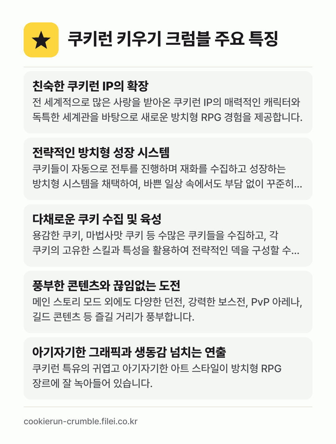 쿠키런 키우기 크럼블 주요 특징: 친숙한 쿠키런 IP의 확장, 전략적인 방치형 성장 시스템, 다채로운 쿠키 수집 및 육성, 풍부한 콘텐츠와 끊임없는 도전, 아기자기한 그래픽과 생동감 넘치는 연출