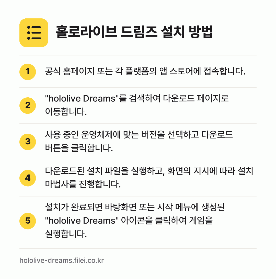홀로라이브 드림즈 설치 방법: 공식 홈페이지 또는 각 플랫폼의 앱 스토어… → "hololive Dreams"를 검색하여… → 사용 중인 운영체제에 맞는 버전을 선택하고… → 다운로드된 설치 파일을 실행하고, 화면의… → 설치가 완료되면 바탕화면 또는 시작 메뉴에…