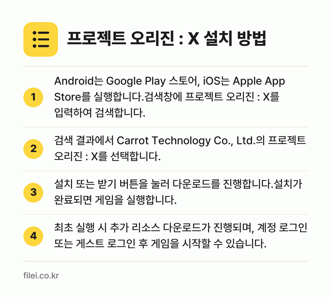 프로젝트 오리진 : X 설치 방법: Android는 Google Play 스토… → 검색 결과에서 Carrot Technolo… → 설치 또는 받기 버튼을 눌러 다운로드를 진… → 최초 실행 시 추가 리소스 다운로드가 진행…
