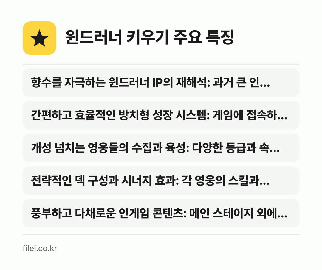 윈드러너 키우기 주요 특징: 향수를 자극하는 윈드러너 IP의 재해석: 과거 큰 인…, 간편하고 효율적인 방치형 성장 시스템: 게임에 접속하…, 개성 넘치는 영웅들의 수집과 육성: 다양한 등급과 속…, 전략적인 덱 구성과 시너지 효과: 각 영웅의 스킬과…, 풍부하고 다채로운 인게임 콘텐츠: 메인 스테이지 외에…