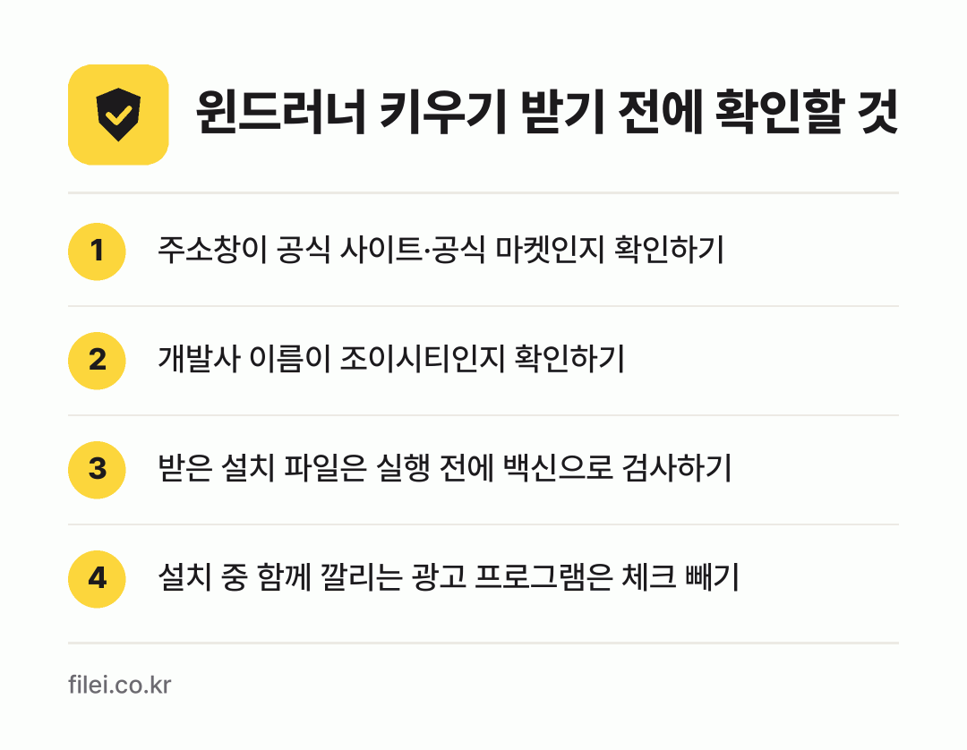 윈드러너 키우기 받기 전에 확인할 것: 주소창이 공식 사이트·공식 마켓인지 확인하기, 개발사 이름이 조이시티인지 확인하기, 받은 설치 파일은 실행 전에 백신으로 검사하기, 설치 중 함께 깔리는 광고 프로그램은 체크 빼기