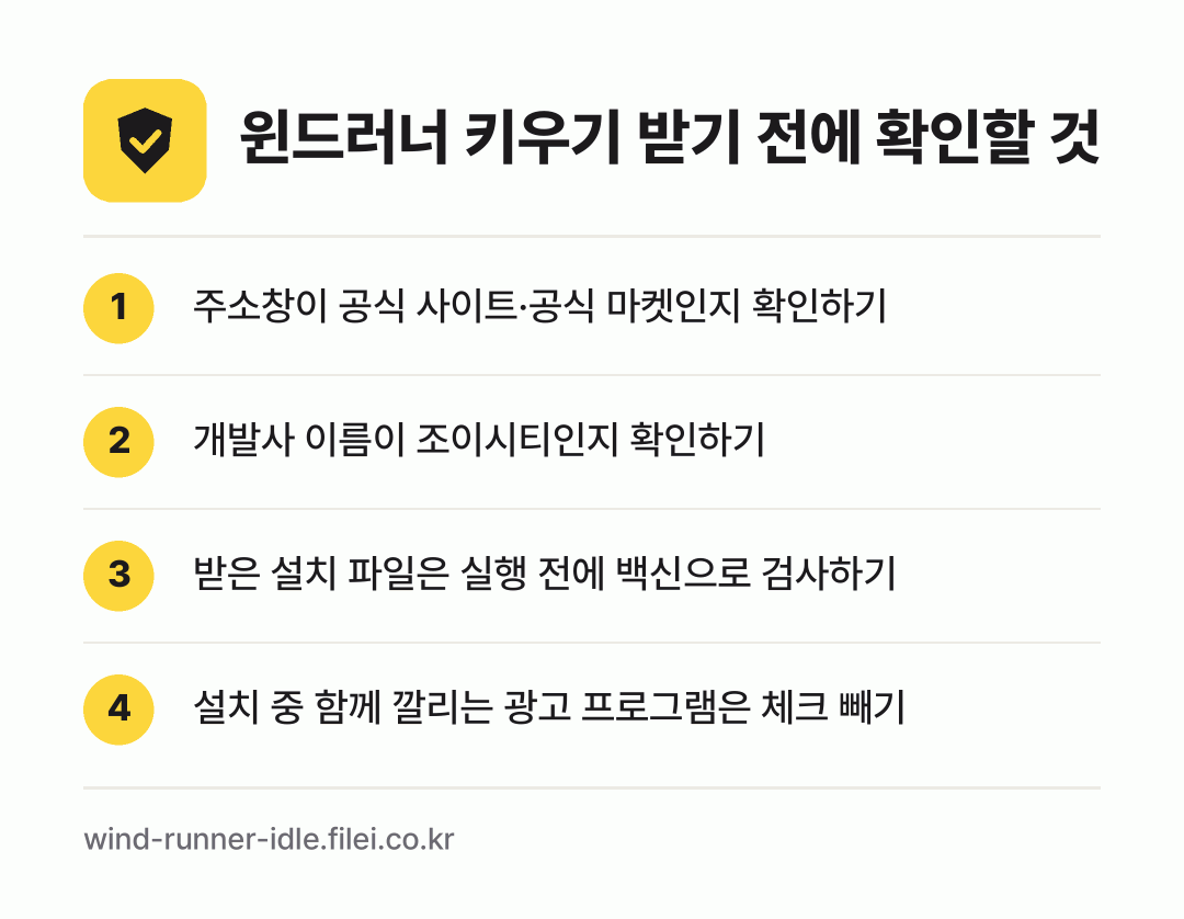 윈드러너 키우기 받기 전에 확인할 것: 주소창이 공식 사이트·공식 마켓인지 확인하기, 개발사 이름이 조이시티인지 확인하기, 받은 설치 파일은 실행 전에 백신으로 검사하기, 설치 중 함께 깔리는 광고 프로그램은 체크 빼기