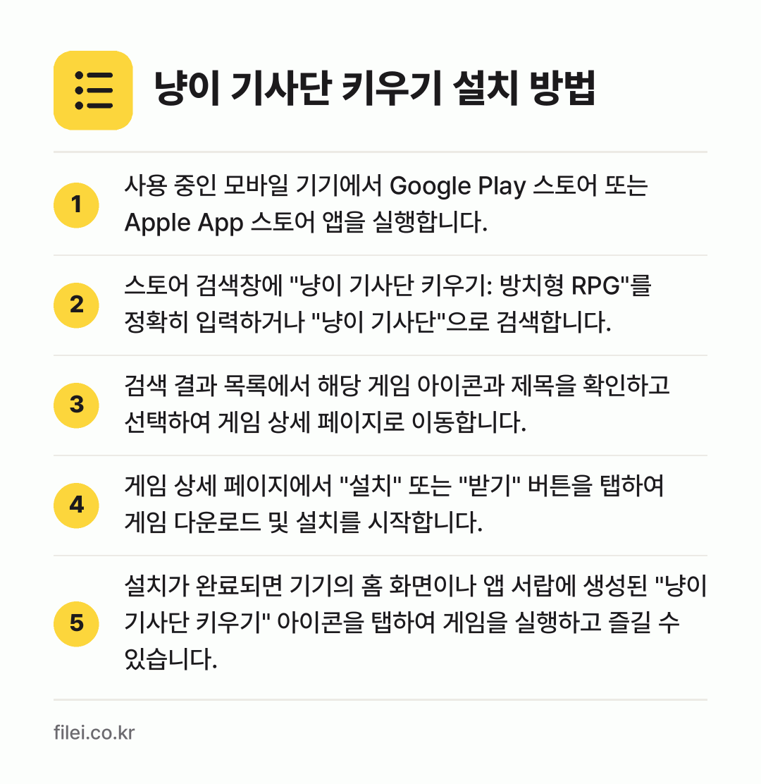 냥이 기사단 키우기 설치 방법: 사용 중인 모바일 기기에서 Google P… → 스토어 검색창에 "냥이 기사단 키우기: 방… → 검색 결과 목록에서 해당 게임 아이콘과 제… → 게임 상세 페이지에서 "설치" 또는 "받기… → 설치가 완료되면 기기의 홈 화면이나 앱 서…