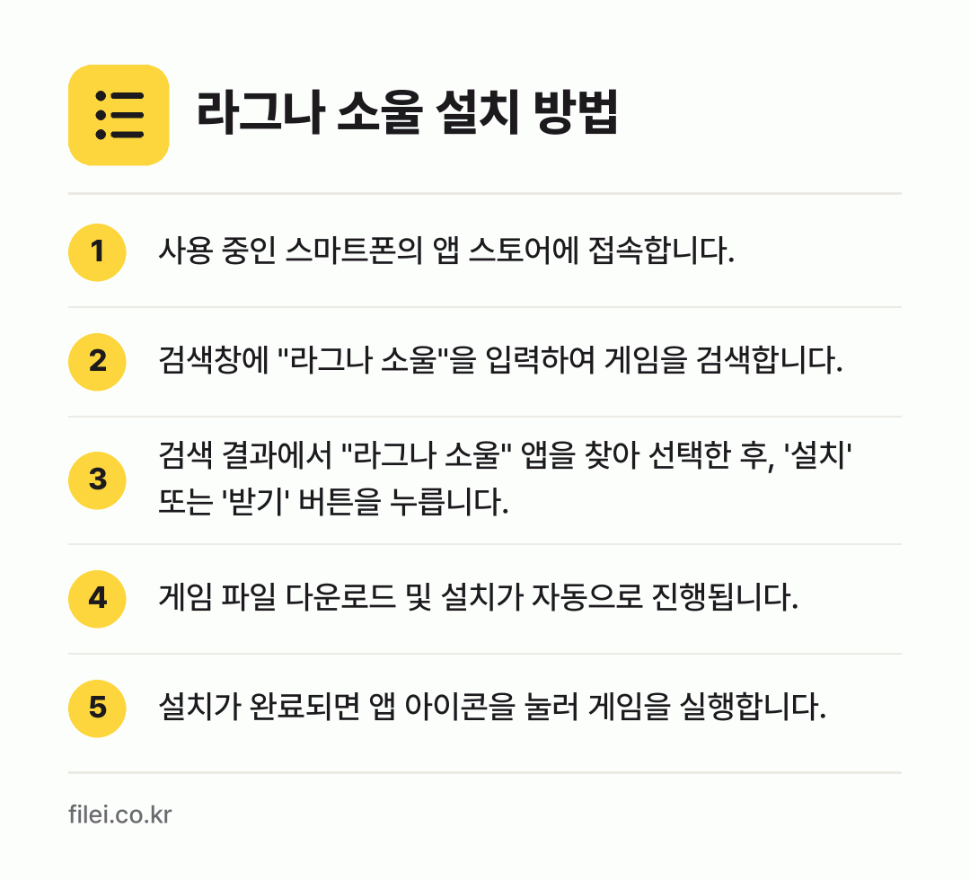 라그나 소울 설치 방법: 사용 중인 스마트폰의 앱 스토어에 접속합니… → 검색창에 "라그나 소울"을 입력하여 게임을… → 검색 결과에서 "라그나 소울" 앱을 찾아… → 게임 파일 다운로드 및 설치가 자동으로 진… → 설치가 완료되면 앱 아이콘을 눌러 게임을…