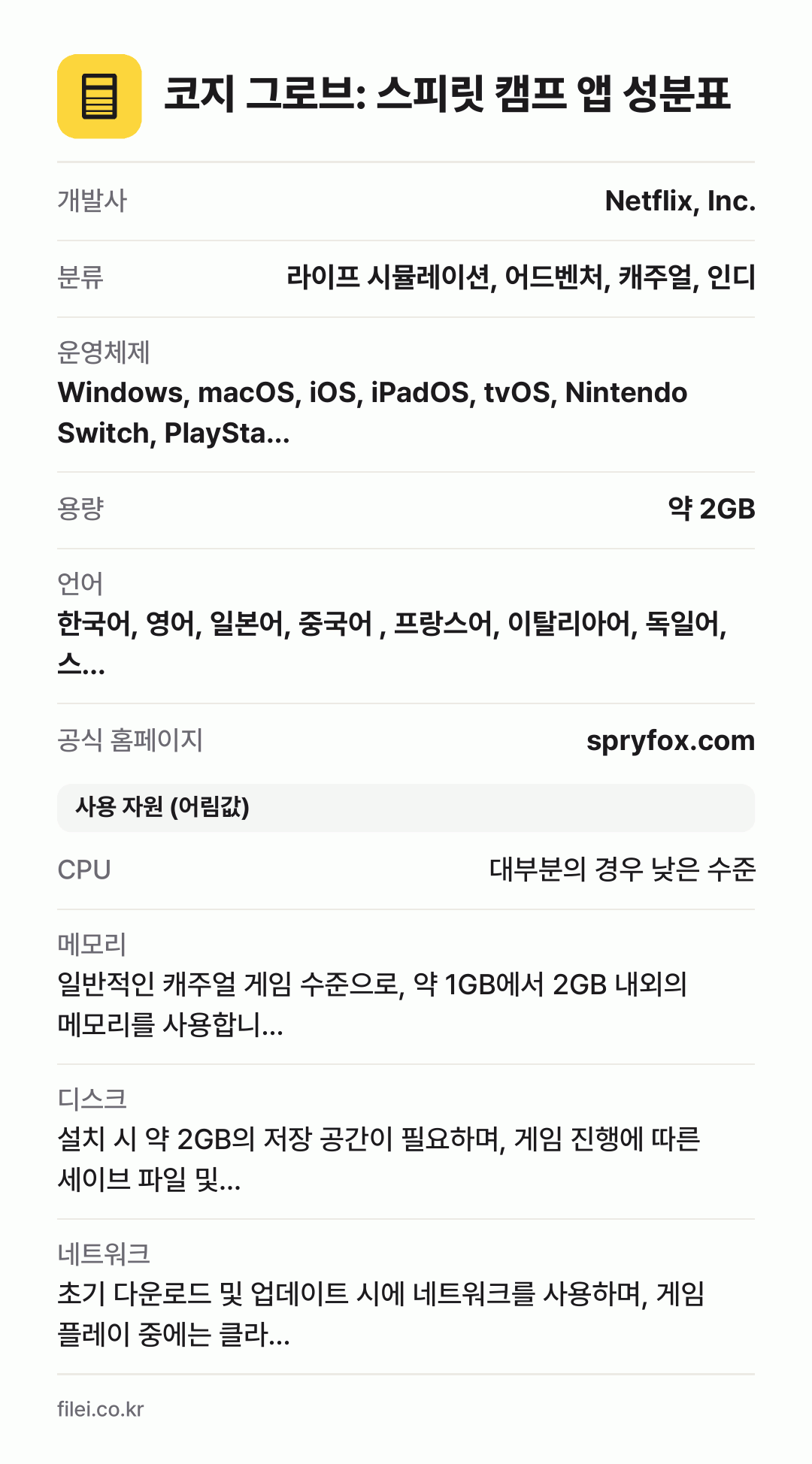 코지 그로브: 스피릿 캠프 앱 성분표: 개발사 Netflix, Inc., 분류 라이프 시뮬레이션, 어드벤처, 캐주얼, 인디, 운영체제 Windows, macOS, iOS, iPadOS, tvOS, Nintendo Switch, PlaySta…, 용량 약 2GB, 언어 한국어, 영어, 일본어, 중국어 , 프랑스어, 이탈리아어, 독일어, 스…