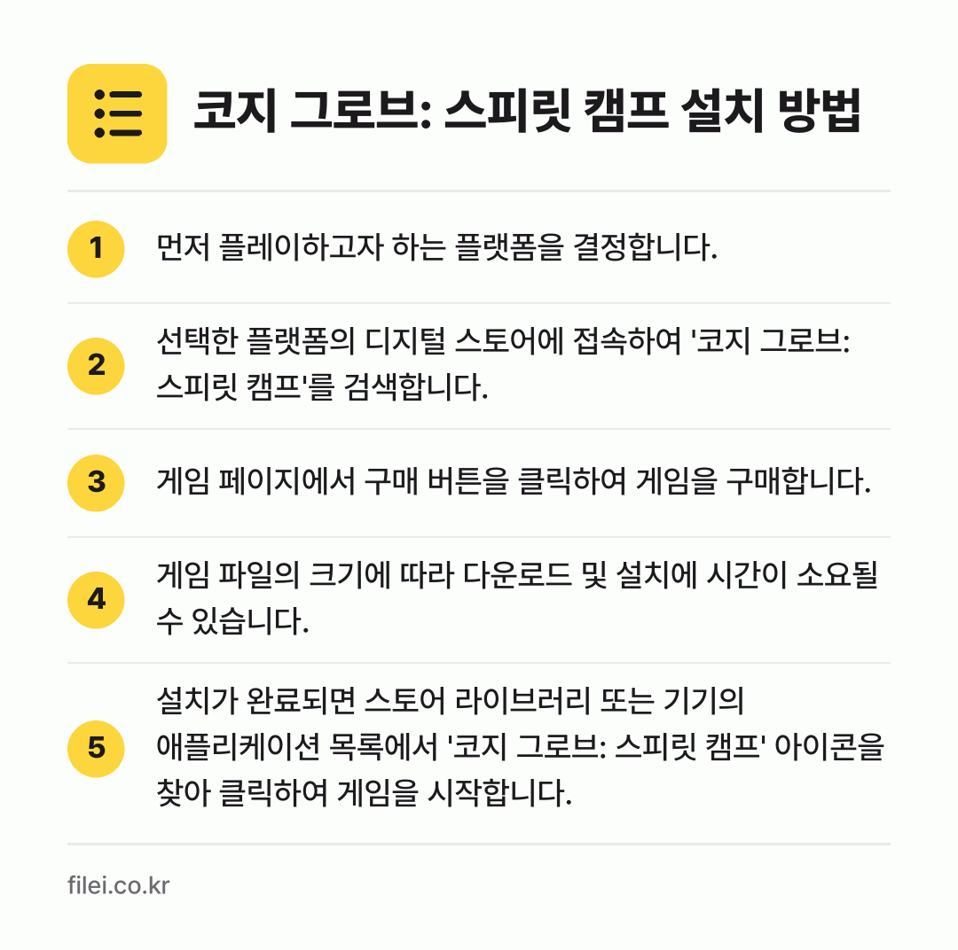 코지 그로브: 스피릿 캠프 설치 방법: 먼저 플레이하고자 하는 플랫폼을 결정합니다. → 선택한 플랫폼의 디지털 스토어에 접속하여… → 게임 페이지에서 구매 버튼을 클릭하여 게임… → 게임 파일의 크기에 따라 다운로드 및 설치… → 설치가 완료되면 스토어 라이브러리 또는 기…