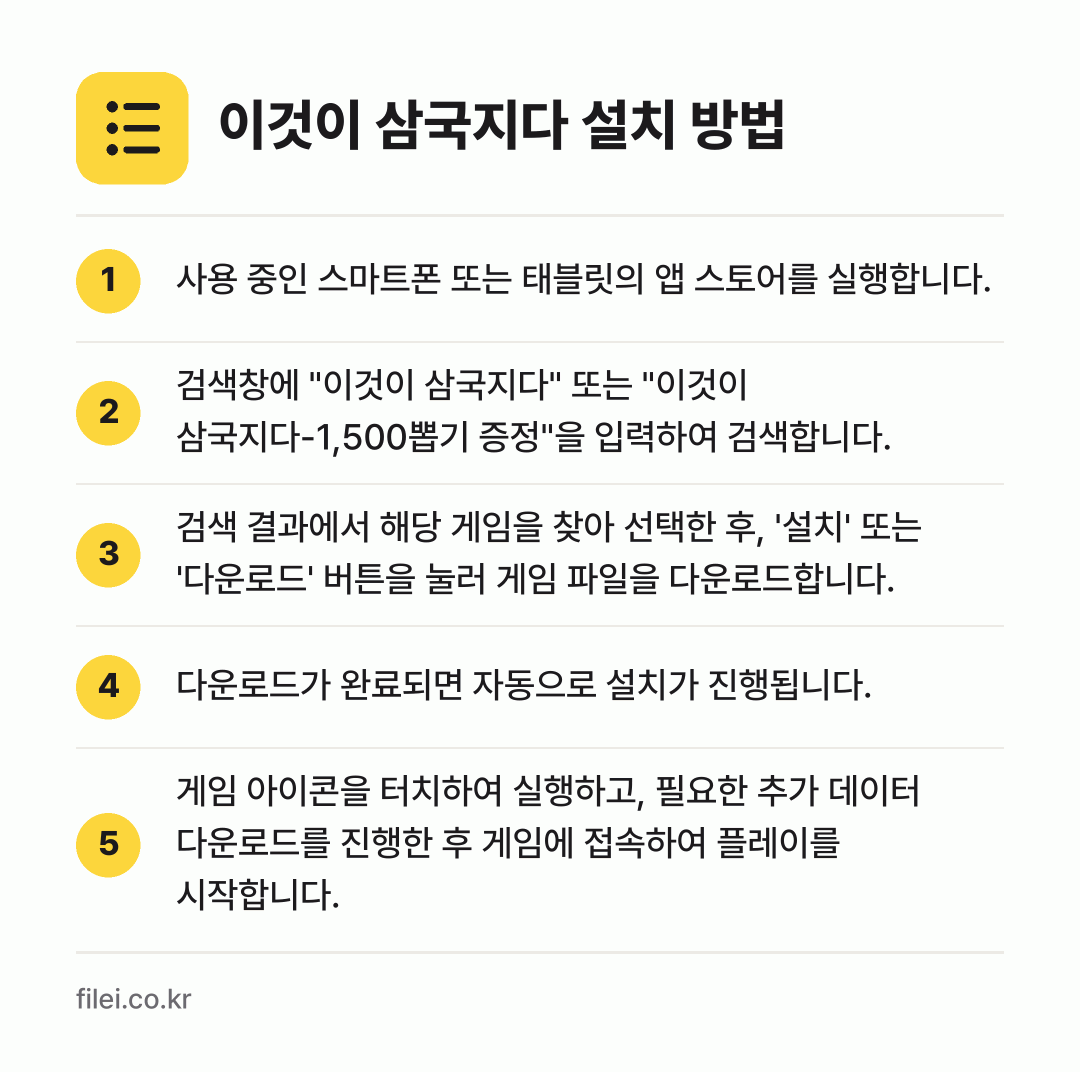이것이 삼국지다 설치 방법: 사용 중인 스마트폰 또는 태블릿의 앱 스토… → 검색창에 "이것이 삼국지다" 또는 "이것이… → 검색 결과에서 해당 게임을 찾아 선택한 후… → 다운로드가 완료되면 자동으로 설치가 진행됩… → 게임 아이콘을 터치하여 실행하고, 필요한…