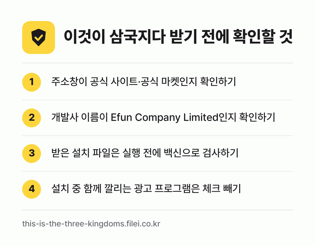 이것이 삼국지다 받기 전에 확인할 것: 주소창이 공식 사이트·공식 마켓인지 확인하기, 개발사 이름이 Efun Company Limited인지 확인하기, 받은 설치 파일은 실행 전에 백신으로 검사하기, 설치 중 함께 깔리는 광고 프로그램은 체크 빼기