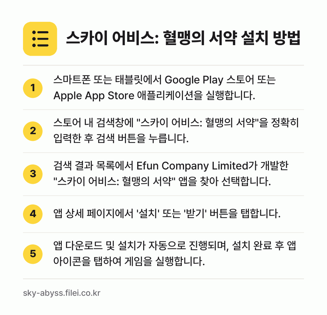 스카이 어비스: 혈맹의 서약 설치 방법: 스마트폰 또는 태블릿에서 Google Pl… → 스토어 내 검색창에 "스카이 어비스: 혈맹… → 검색 결과 목록에서 Efun Company… → 앱 상세 페이지에서 '설치' 또는 '받기'… → 앱 다운로드 및 설치가 자동으로 진행되며,…