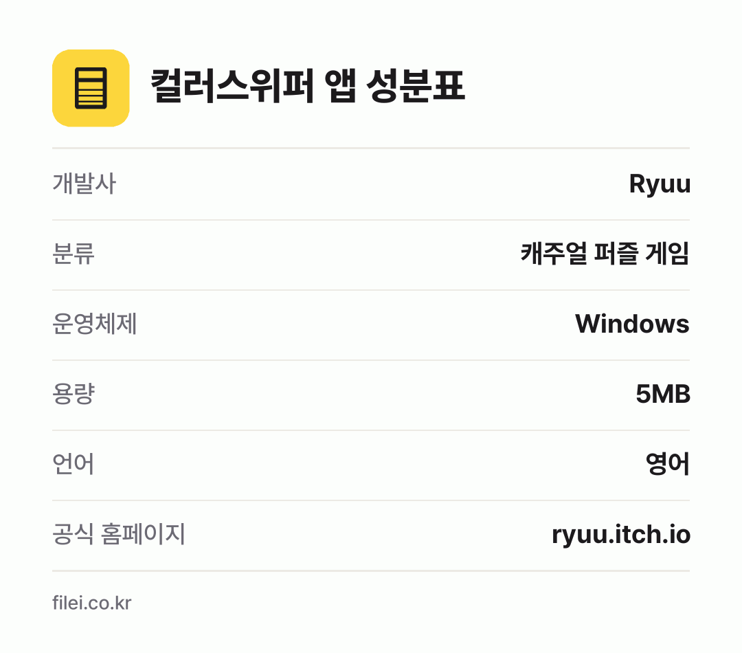 컬러스위퍼 앱 성분표: 개발사 Ryuu, 분류 캐주얼 퍼즐 게임, 운영체제 Windows, 용량 5MB, 언어 영어