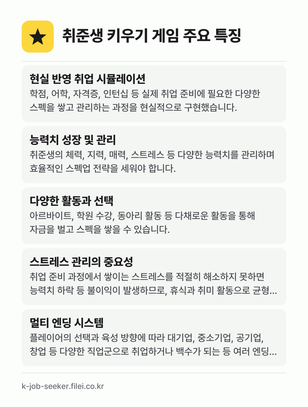 취준생 키우기 게임 주요 특징: 현실 반영 취업 시뮬레이션, 능력치 성장 및 관리, 다양한 활동과 선택, 스트레스 관리의 중요성, 멀티 엔딩 시스템
