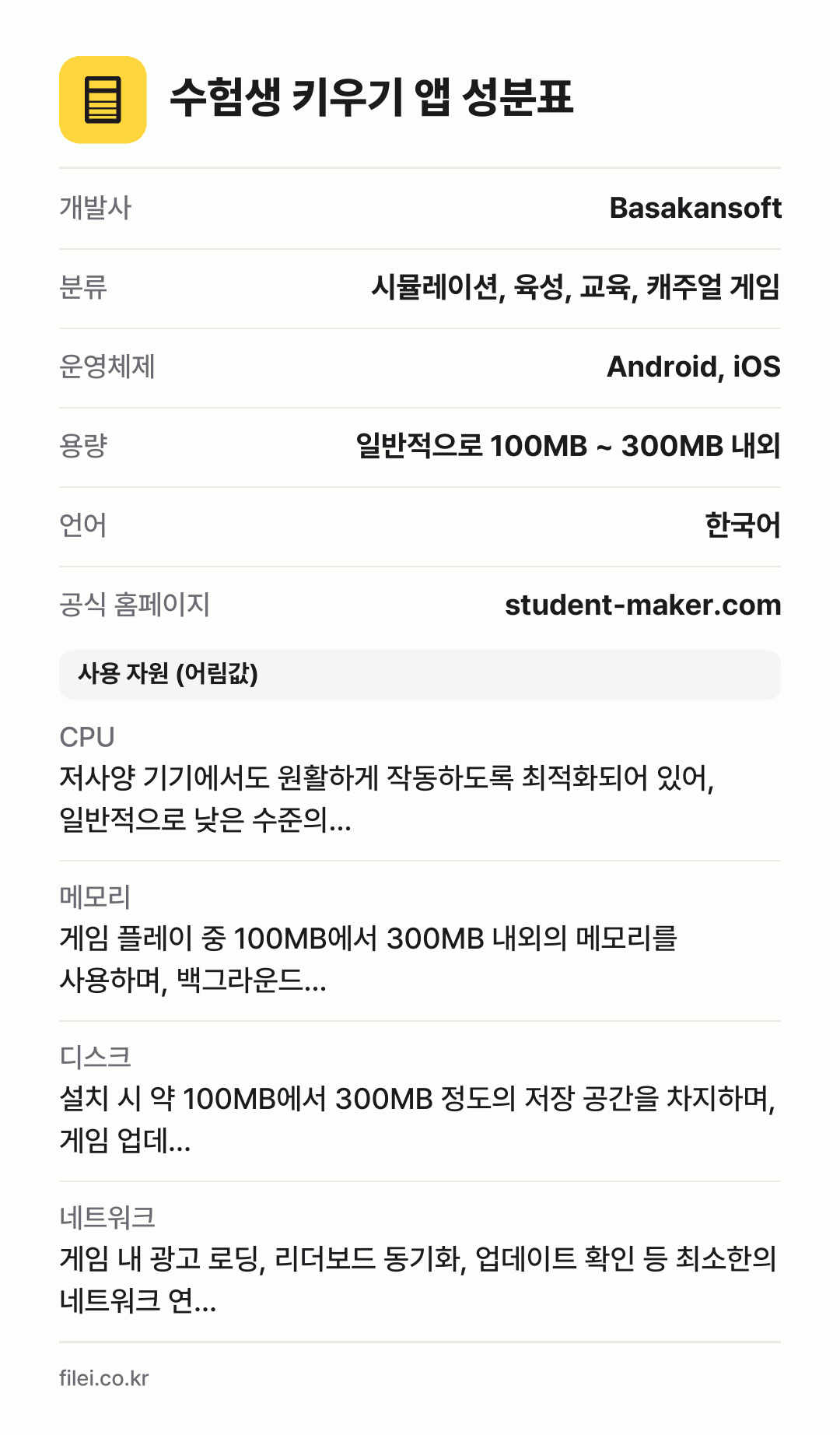 수험생 키우기 앱 성분표: 개발사 Basakansoft, 분류 시뮬레이션, 육성, 교육, 캐주얼 게임, 운영체제 Android, iOS, 용량 일반적으로 100MB ~ 300MB 내외, 언어 한국어