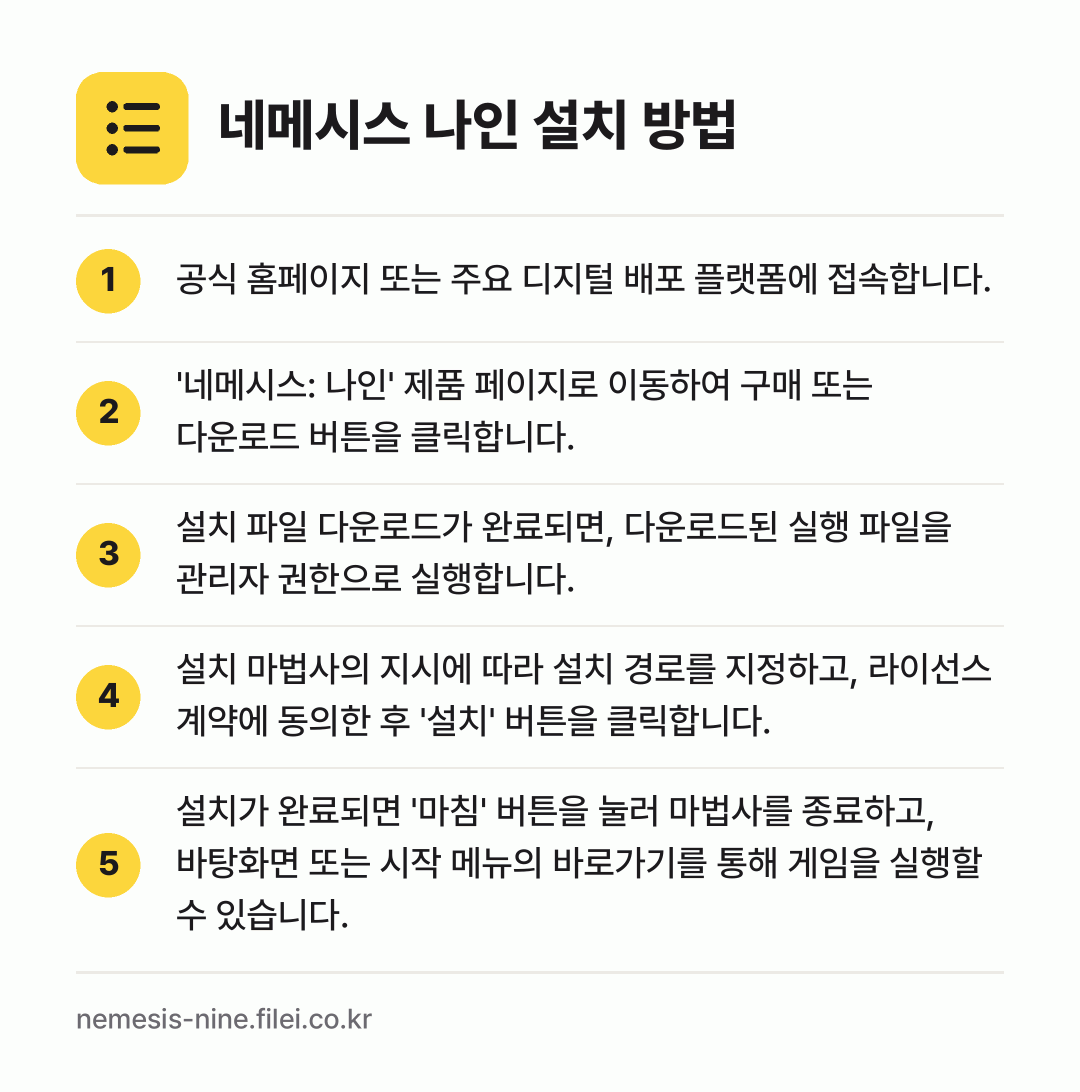 네메시스 나인 설치 방법: 공식 홈페이지 또는 주요 디지털 배포 플랫… → '네메시스: 나인' 제품 페이지로 이동하여… → 설치 파일 다운로드가 완료되면, 다운로드된… → 설치 마법사의 지시에 따라 설치 경로를 지… → 설치가 완료되면 '마침' 버튼을 눌러 마법…