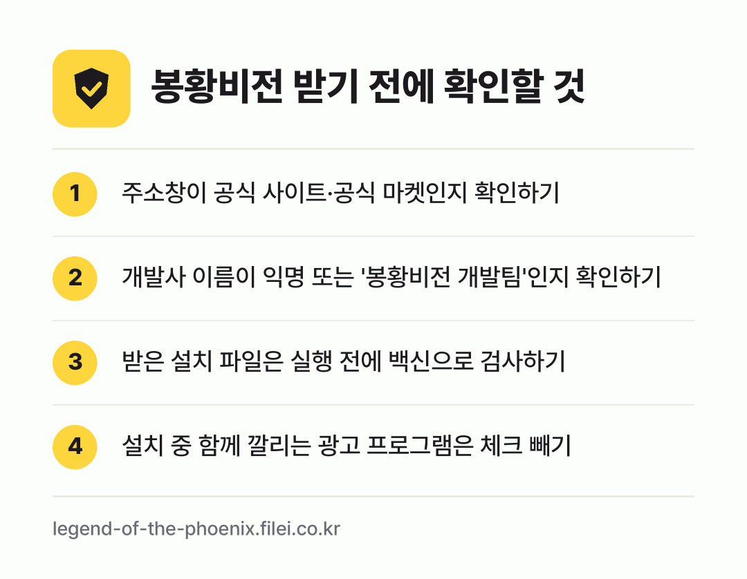 봉황비전 받기 전에 확인할 것: 주소창이 공식 사이트·공식 마켓인지 확인하기, 개발사 이름이 익명 또는 '봉황비전 개발팀'인지 확인하기, 받은 설치 파일은 실행 전에 백신으로 검사하기, 설치 중 함께 깔리는 광고 프로그램은 체크 빼기