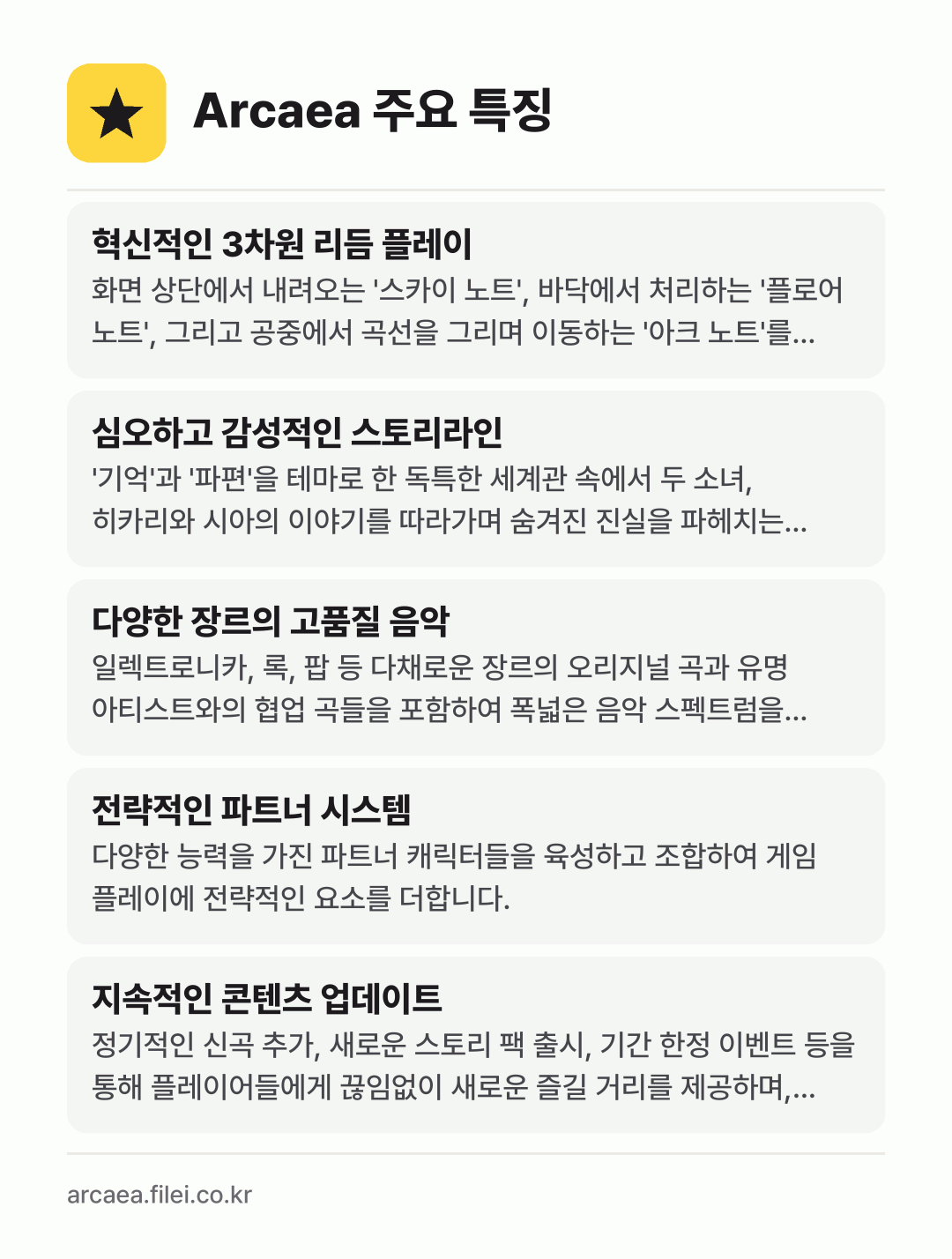 Arcaea 주요 특징: 혁신적인 3차원 리듬 플레이, 심오하고 감성적인 스토리라인, 다양한 장르의 고품질 음악, 전략적인 파트너 시스템, 지속적인 콘텐츠 업데이트