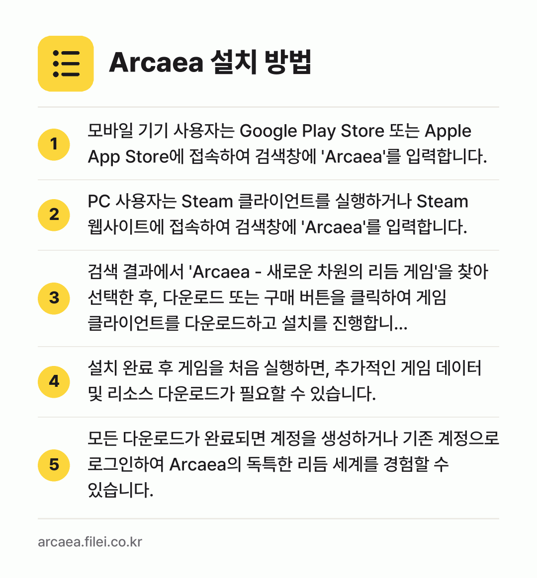 Arcaea 설치 방법: 모바일 기기 사용자는 Google Play… → PC 사용자는 Steam 클라이언트를 실행… → 검색 결과에서 'Arcaea - 새로운 차… → 설치 완료 후 게임을 처음 실행하면, 추가… → 모든 다운로드가 완료되면 계정을 생성하거나…