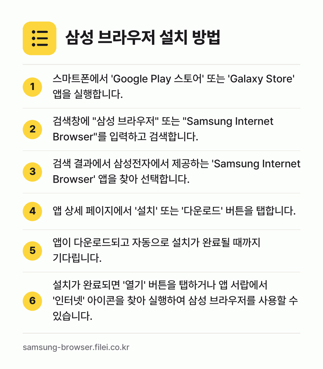 삼성 브라우저 설치 방법: 스마트폰에서 'Google Play 스토어… → 검색창에 "삼성 브라우저" 또는 "Sams… → 검색 결과에서 삼성전자에서 제공하는 'Sa… → 앱 상세 페이지에서 '설치' 또는 '다운로… → 앱이 다운로드되고 자동으로 설치가 완료될… → 설치가 완료되면 '열기' 버튼을 탭하거나…