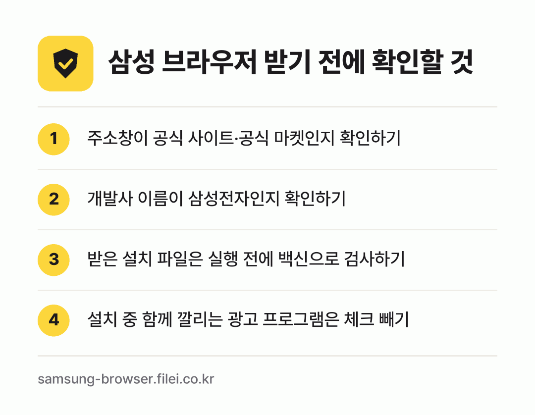삼성 브라우저 받기 전에 확인할 것: 주소창이 공식 사이트·공식 마켓인지 확인하기, 개발사 이름이 삼성전자인지 확인하기, 받은 설치 파일은 실행 전에 백신으로 검사하기, 설치 중 함께 깔리는 광고 프로그램은 체크 빼기