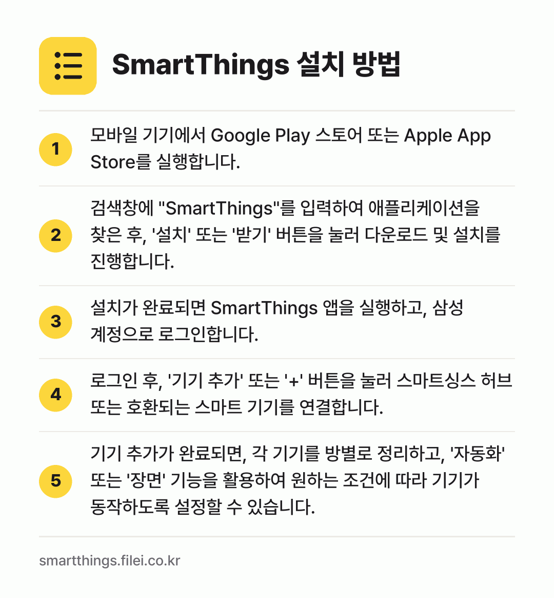 SmartThings 설치 방법: 모바일 기기에서 Google Play 스토… → 검색창에 "SmartThings"를 입력하… → 설치가 완료되면 SmartThings 앱을… → 로그인 후, '기기 추가' 또는 '+' 버… → 기기 추가가 완료되면, 각 기기를 방별로…