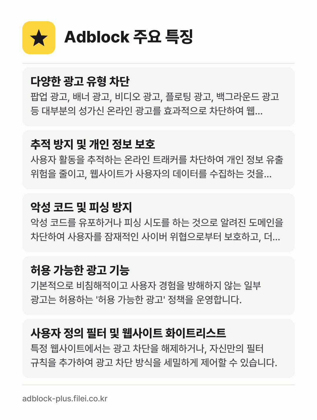 Adblock 주요 특징: 다양한 광고 유형 차단, 추적 방지 및 개인 정보 보호, 악성 코드 및 피싱 방지, 허용 가능한 광고 기능, 사용자 정의 필터 및 웹사이트 화이트리스트