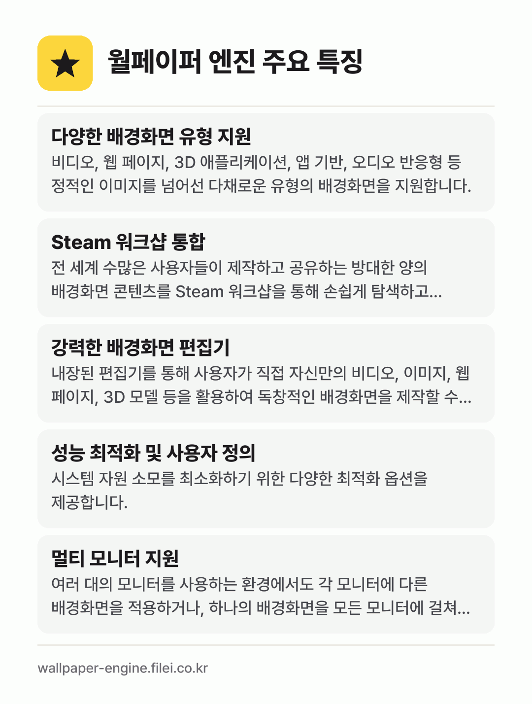 월페이퍼 엔진 주요 특징: 다양한 배경화면 유형 지원, Steam 워크샵 통합, 강력한 배경화면 편집기, 성능 최적화 및 사용자 정의, 멀티 모니터 지원