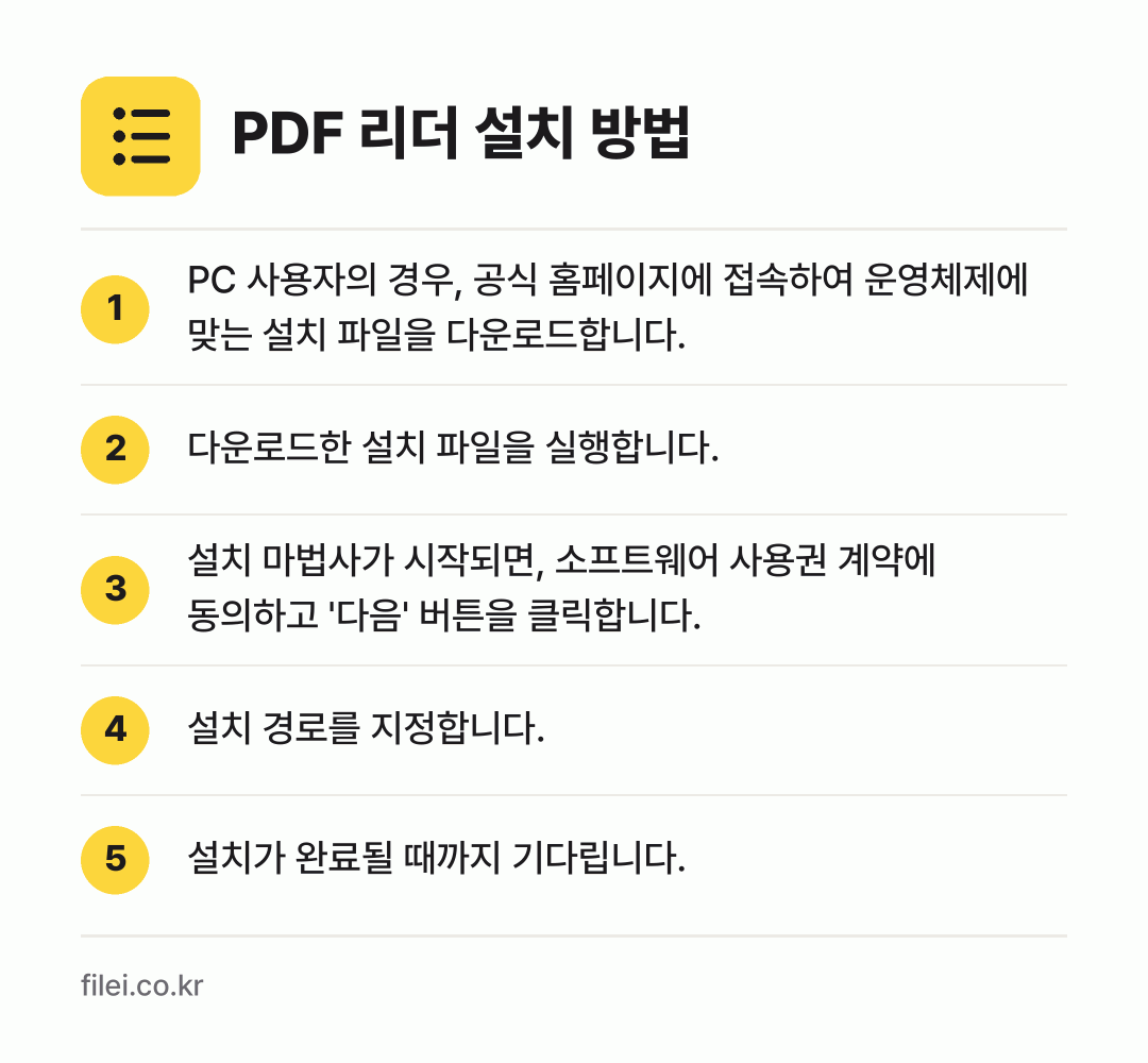 PDF 리더 설치 방법: PC 사용자의 경우, 공식 홈페이지에 접속… → 다운로드한 설치 파일을 실행합니다. → 설치 마법사가 시작되면, 소프트웨어 사용권… → 설치 경로를 지정합니다. → 설치가 완료될 때까지 기다립니다.