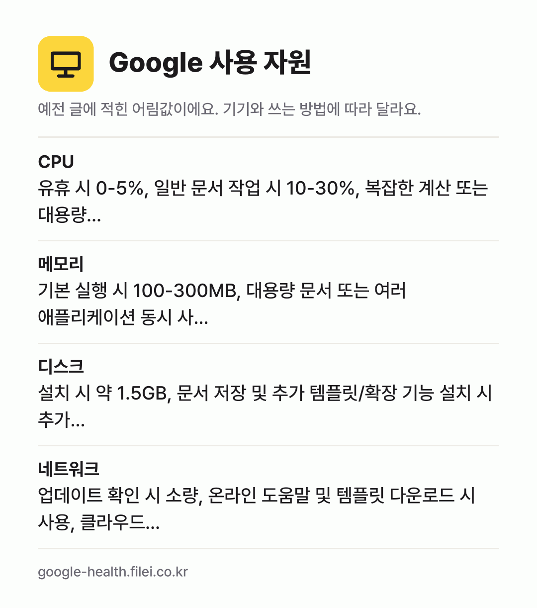 Google 사용 자원 어림값: CPU 유휴 시 0-5%, 일반 문서 작업 시 10-30%, 복잡한 계산 또는 대용량…, 메모리 기본 실행 시 100-300MB, 대용량 문서 또는 여러 애플리케이션 동시 사…, 디스크 설치 시 약 1.5GB, 문서 저장 및 추가 템플릿/확장 기능 설치 시 추가…, 네트워크 업데이트 확인 시 소량, 온라인 도움말 및 템플릿