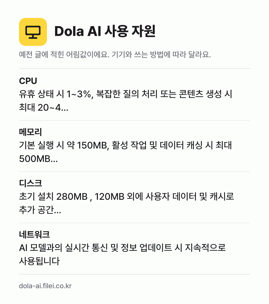 Dola AI 사용 자원 어림값: CPU 유휴 상태 시 1~3%, 복잡한 질의 처리 또는 콘텐츠 생성 시 최대 20~4…, 메모리 기본 실행 시 약 150MB, 활성 작업 및 데이터 캐싱 시 최대 500MB…, 디스크 초기 설치 280MB , 120MB 외에 사용자 데이터 및 캐시로 추가 공간…, 네트워크 AI 모델과의 실시간 통신 및 정보 업데이트 시 지