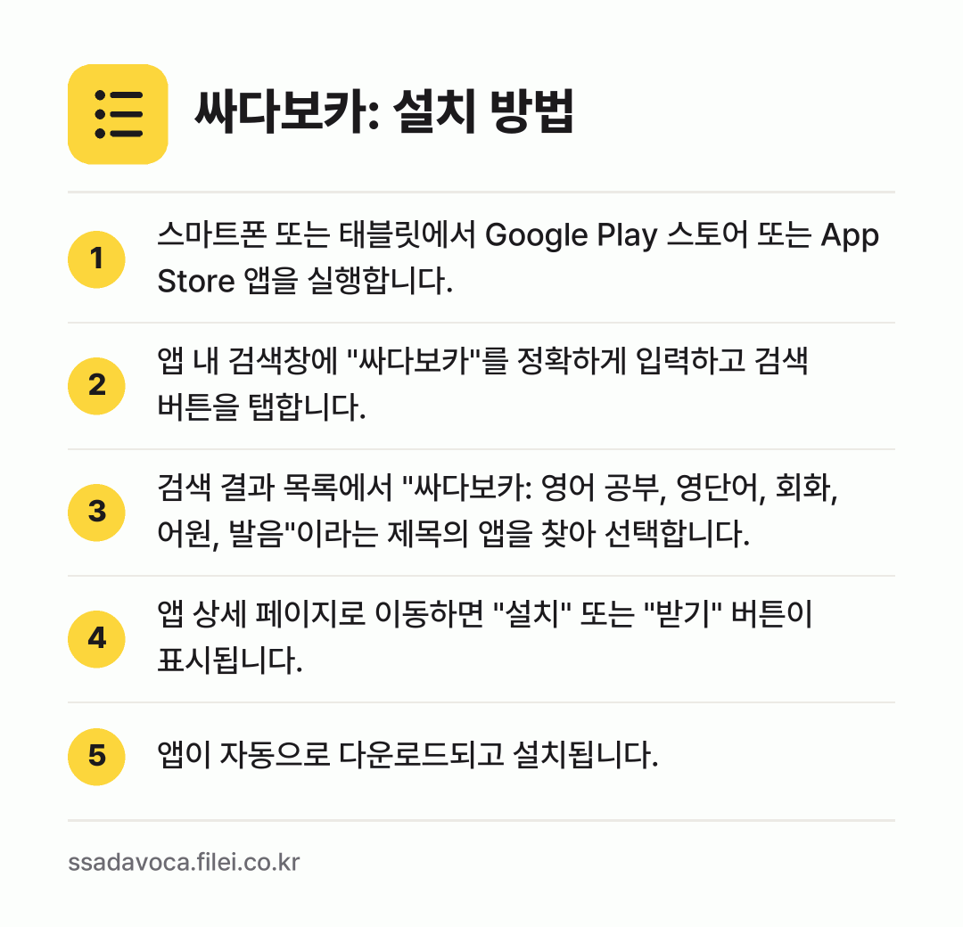 싸다보카: 설치 방법: 스마트폰 또는 태블릿에서 Google Pl… → 앱 내 검색창에 "싸다보카"를 정확하게 입… → 검색 결과 목록에서 "싸다보카: 영어 공부… → 앱 상세 페이지로 이동하면 "설치" 또는… → 앱이 자동으로 다운로드되고 설치됩니다.