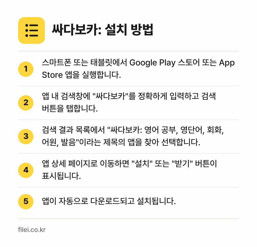 싸다보카: 설치 방법: 스마트폰 또는 태블릿에서 Google Pl… → 앱 내 검색창에 "싸다보카"를 정확하게 입… → 검색 결과 목록에서 "싸다보카: 영어 공부… → 앱 상세 페이지로 이동하면 "설치" 또는… → 앱이 자동으로 다운로드되고 설치됩니다.