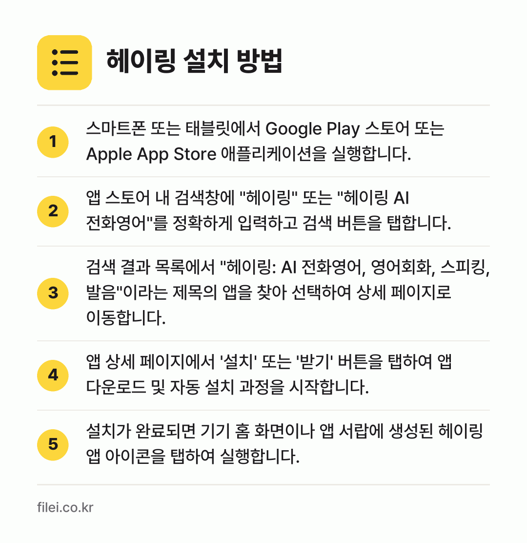 헤이링 설치 방법: 스마트폰 또는 태블릿에서 Google Pl… → 앱 스토어 내 검색창에 "헤이링" 또는 "… → 검색 결과 목록에서 "헤이링: AI 전화영… → 앱 상세 페이지에서 '설치' 또는 '받기'… → 설치가 완료되면 기기 홈 화면이나 앱 서랍…