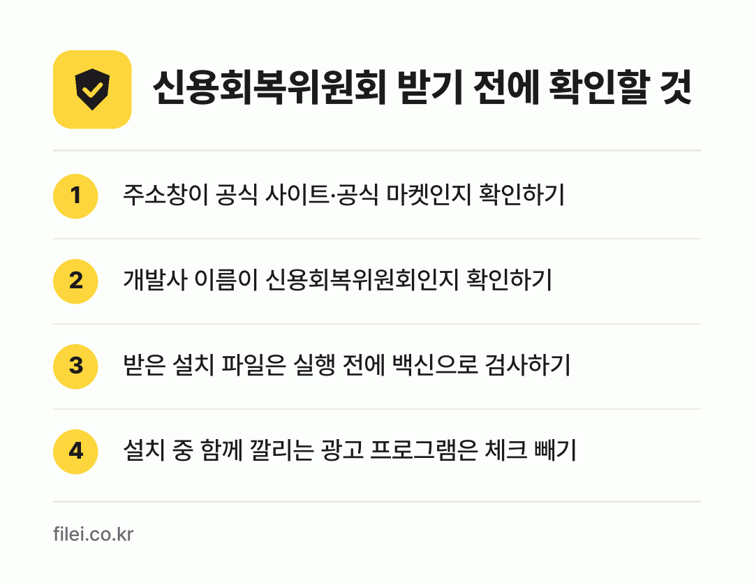 신용회복위원회 받기 전에 확인할 것: 주소창이 공식 사이트·공식 마켓인지 확인하기, 개발사 이름이 신용회복위원회인지 확인하기, 받은 설치 파일은 실행 전에 백신으로 검사하기, 설치 중 함께 깔리는 광고 프로그램은 체크 빼기