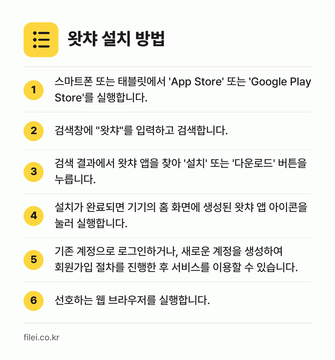 왓챠 설치 방법: 스마트폰 또는 태블릿에서 'App Stor… → 검색창에 "왓챠"를 입력하고 검색합니다. → 검색 결과에서 왓챠 앱을 찾아 '설치' 또… → 설치가 완료되면 기기의 홈 화면에 생성된… → 기존 계정으로 로그인하거나, 새로운 계정을… → 선호하는 웹 브라우저를 실행합니다.
