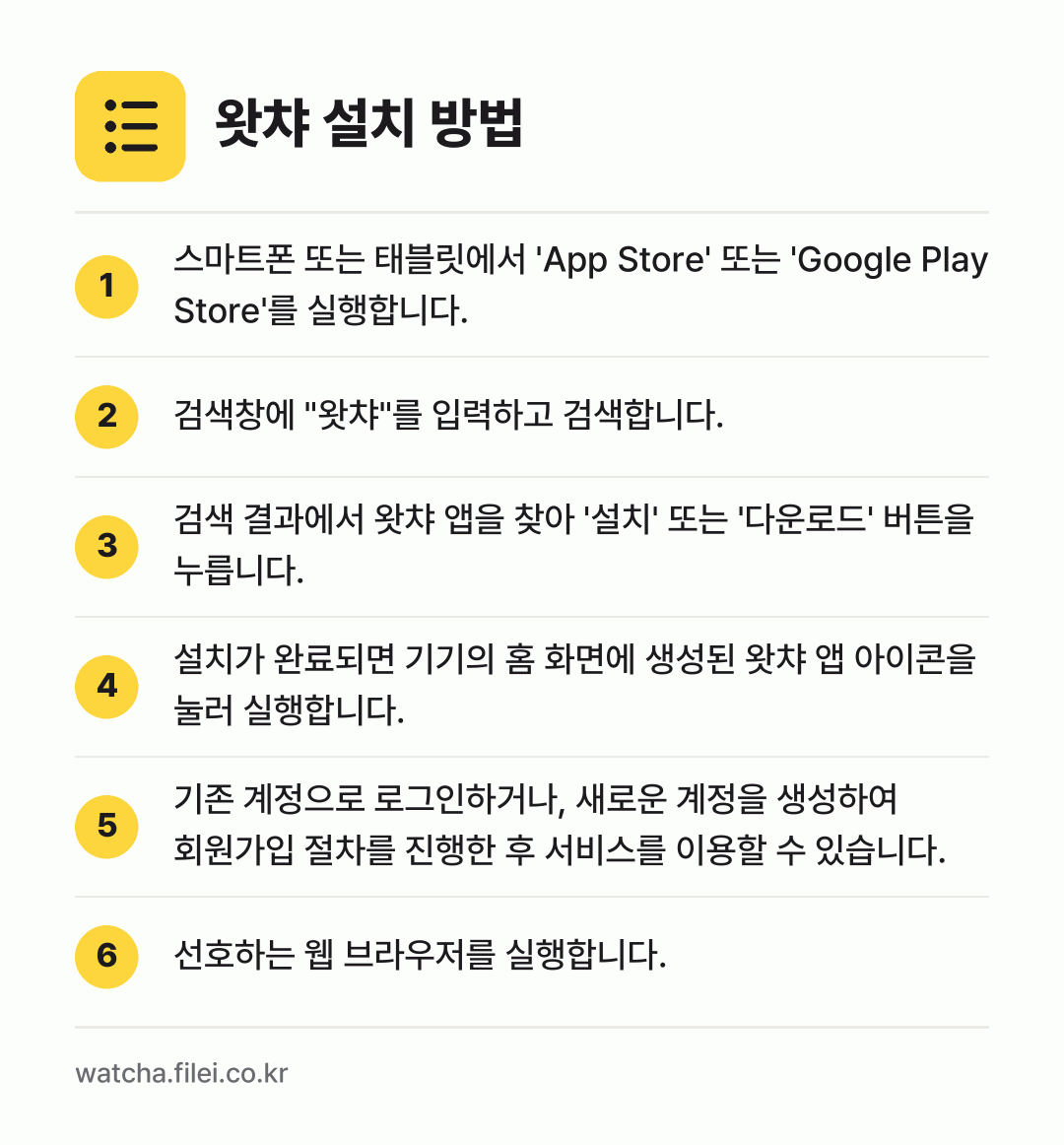 왓챠 설치 방법: 스마트폰 또는 태블릿에서 'App Stor… → 검색창에 "왓챠"를 입력하고 검색합니다. → 검색 결과에서 왓챠 앱을 찾아 '설치' 또… → 설치가 완료되면 기기의 홈 화면에 생성된… → 기존 계정으로 로그인하거나, 새로운 계정을… → 선호하는 웹 브라우저를 실행합니다.