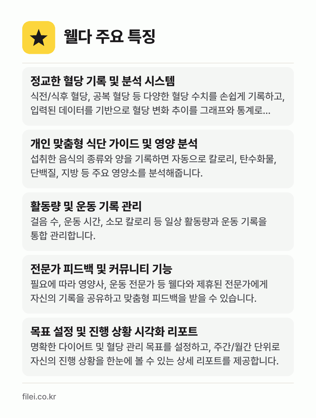 웰다 주요 특징: 정교한 혈당 기록 및 분석 시스템, 개인 맞춤형 식단 가이드 및 영양 분석, 활동량 및 운동 기록 관리, 전문가 피드백 및 커뮤니티 기능, 목표 설정 및 진행 상황 시각화 리포트